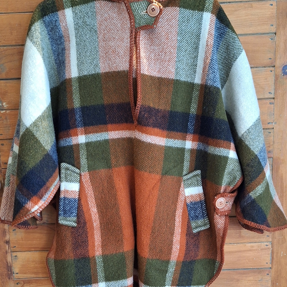 Plaid vintage, hooded Wool Poncho with Button Details